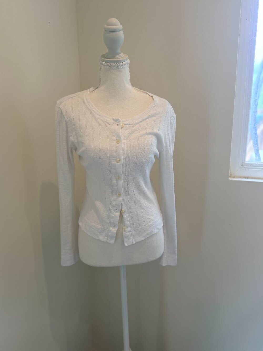 LESET White Pointelle Classic Crew Cardigan - Size S - 100% Cotton
